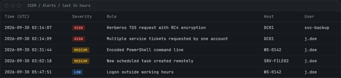 SIEM alert list showing two high-severity Kerberos alerts on DC01, followed by PowerShell and scheduled task alerts